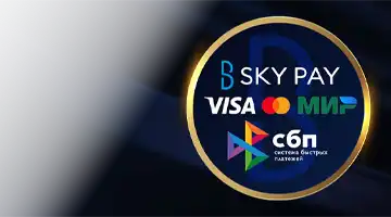 Изображение популярных платежных логотипов, таких как Visa, Mastercard и МИР, а также Sky Pay, подчеркивающее гибкость платежей в Онлайн-казино Nomad казино.